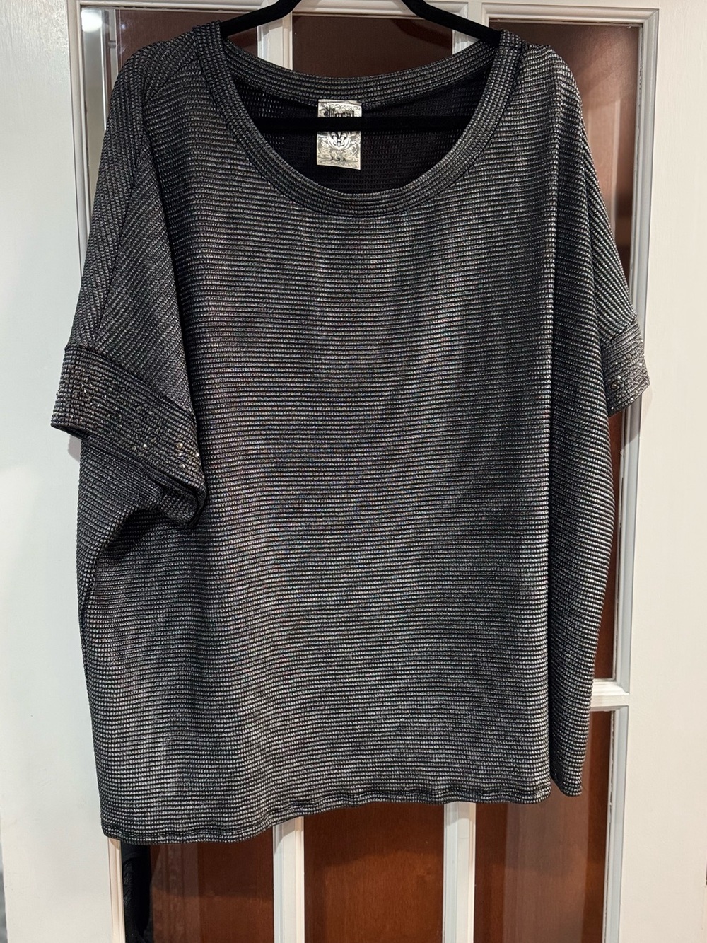 Brand New Women's Short Sleeve Sparkly Top in Charcoal With Rhinestones